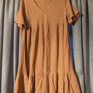 Beautiful Tannish-Orange Midi Short Sleeve Dress with Crinkle Style Fabric.